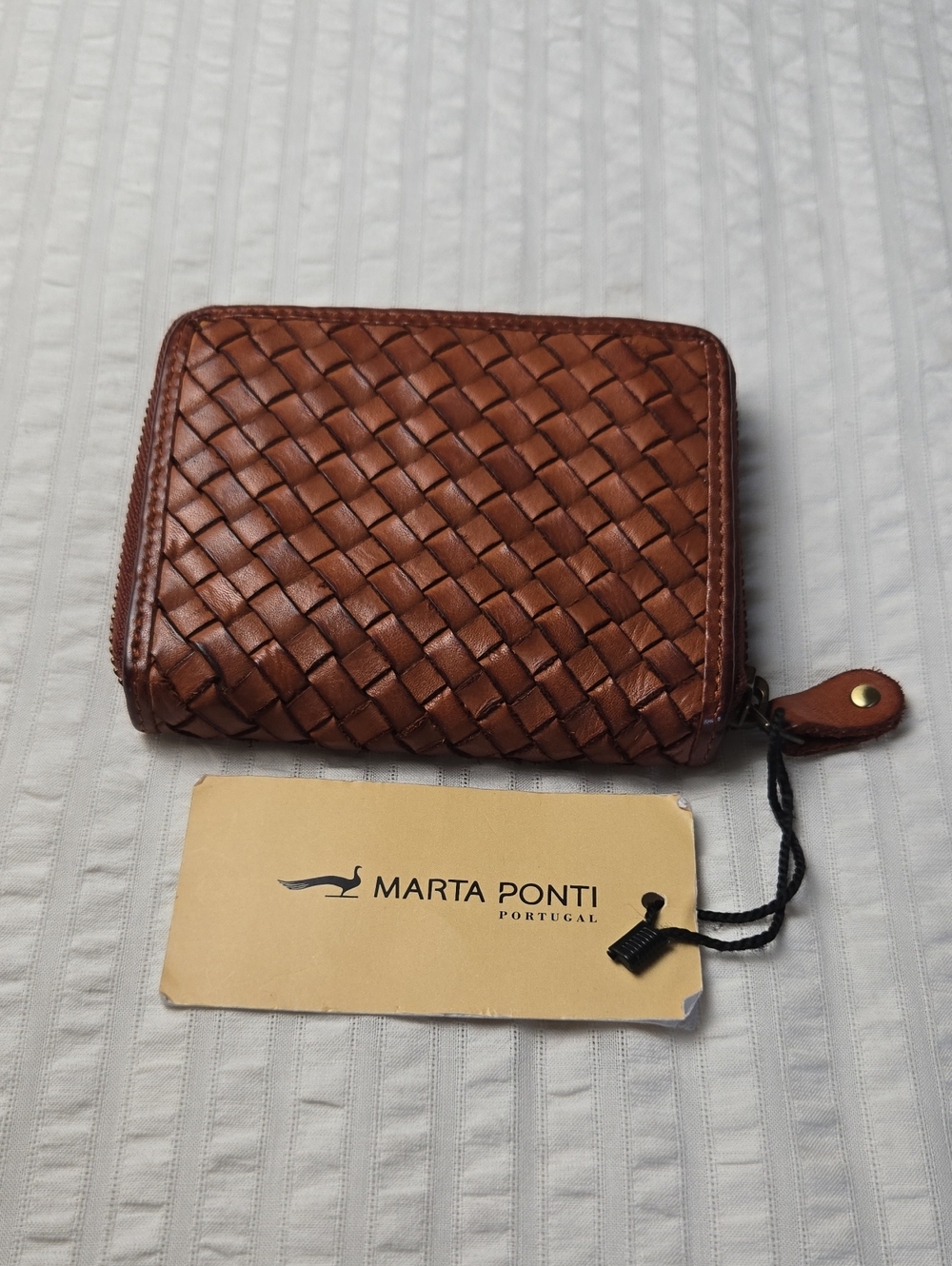 NWT MARTA PONTI Brown Woven Compact Leather Zip Wallet